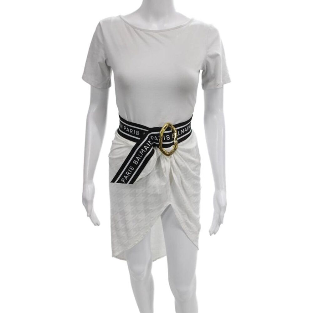 Balmain Womens Wrap Skirt White Houndstooth Viscose Buckle Knee Size XL